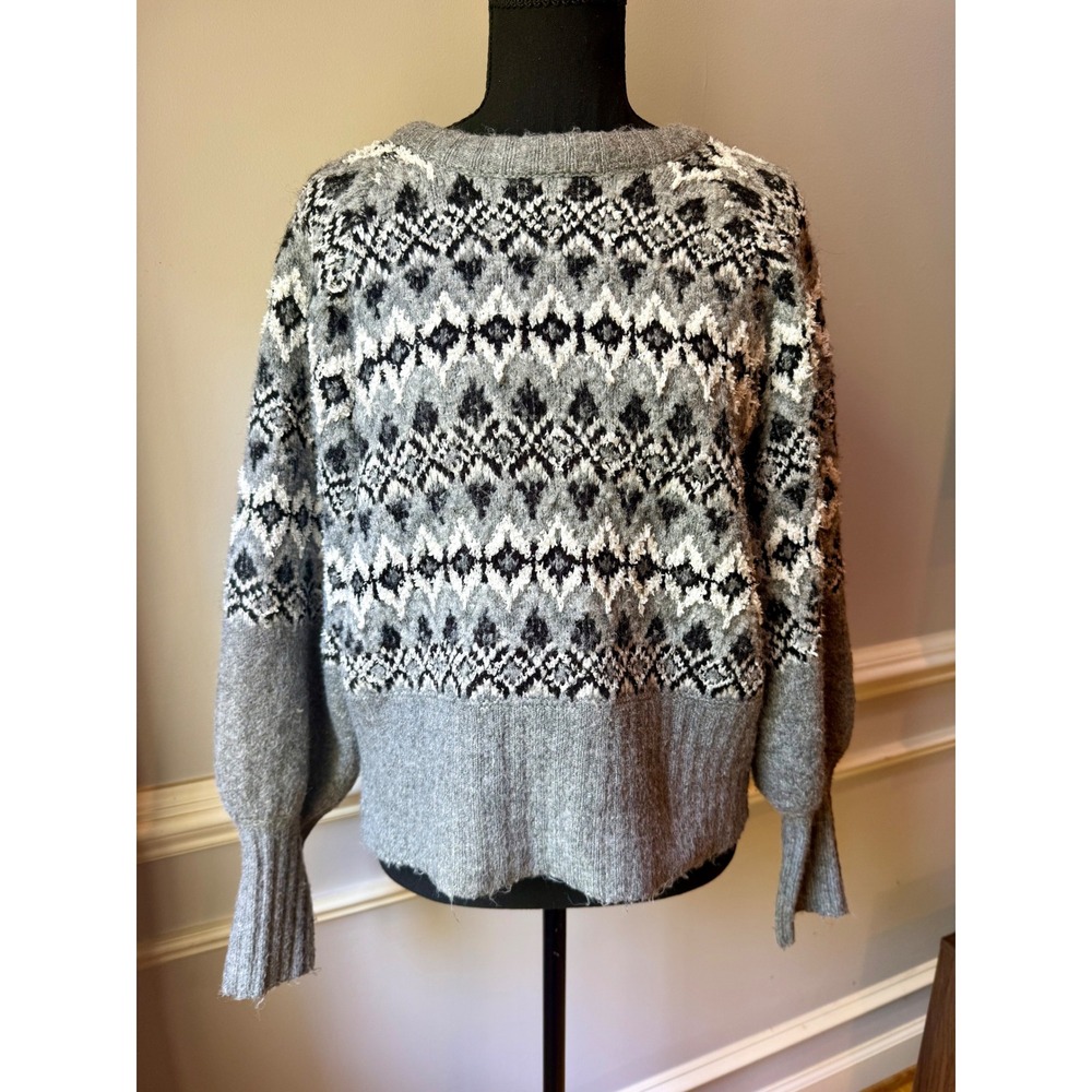 Jason Wu Fair Isle Nordic Fuzzy Knit Sweater Gray Crewneck Balloon Sleeve M